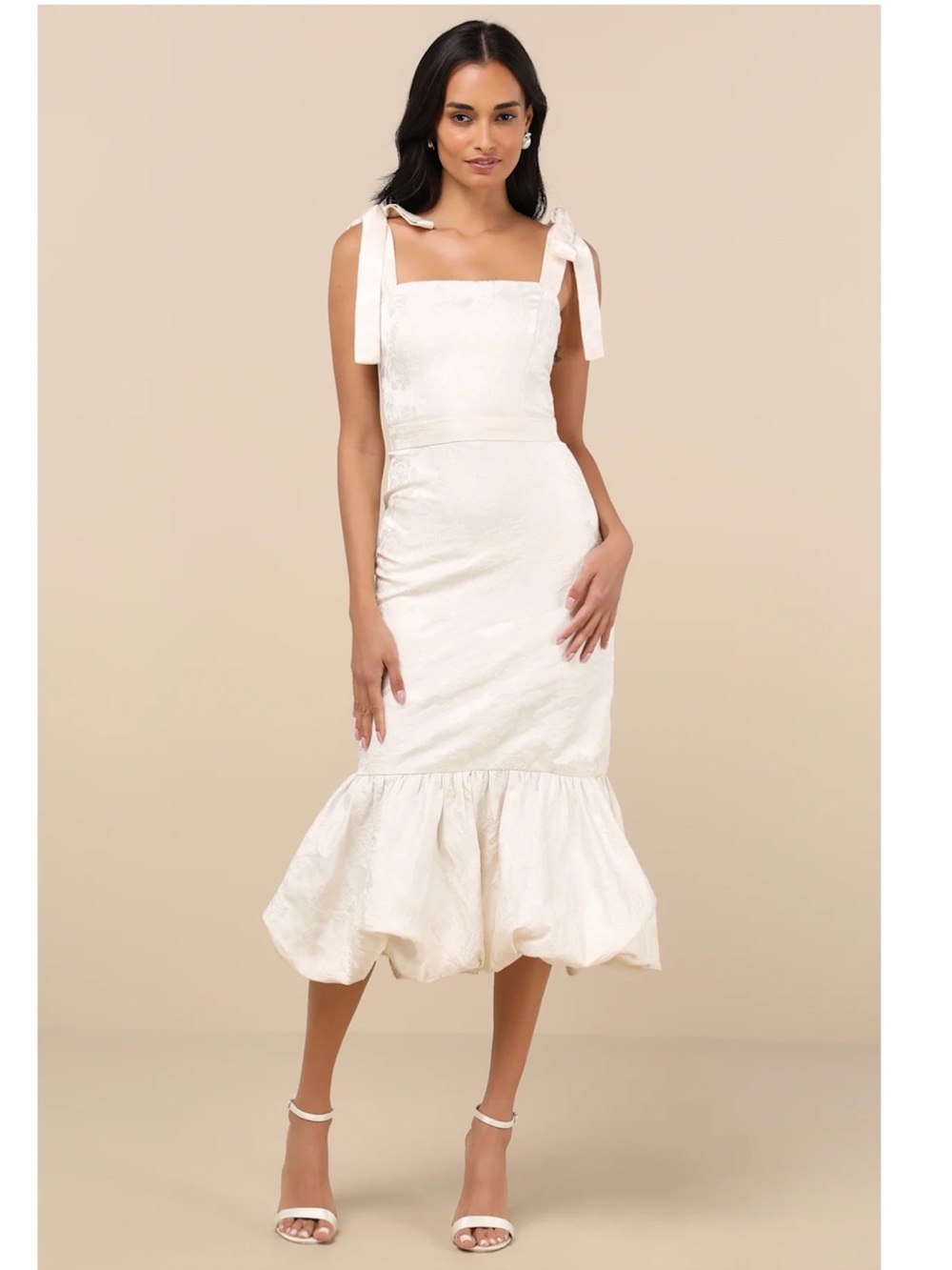 Lulus Silvia Ivory Floral Jacquard Trumpet Tie-Strap Bubble Hem Midi Dress Small
